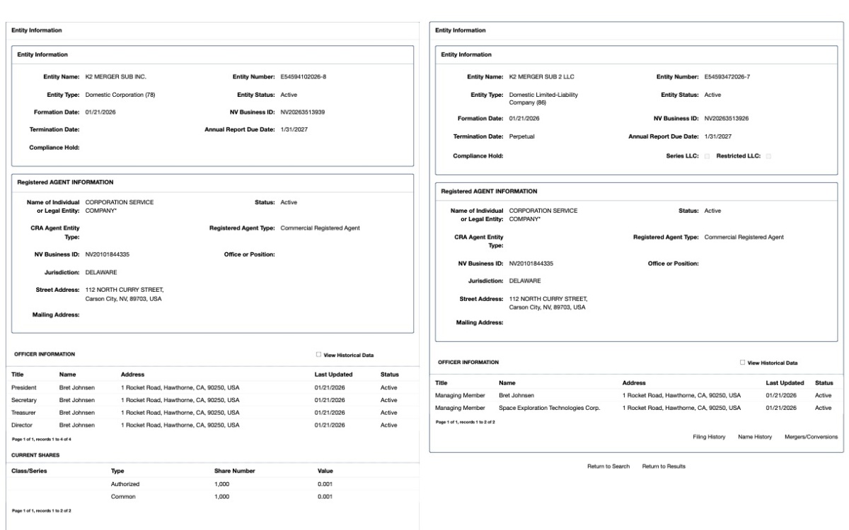 Screenshot showing business registration records for two entities formed on January 21, 2026: K2 Merger Sub Inc. (a domestic corporation) and K2 Merger Sub 2 LLC (a domestic limited-liability company). Both list Bret Johnsen of SpaceX as a managing officer, with addresses at 1 Rocket Road, Hawthorne, California.