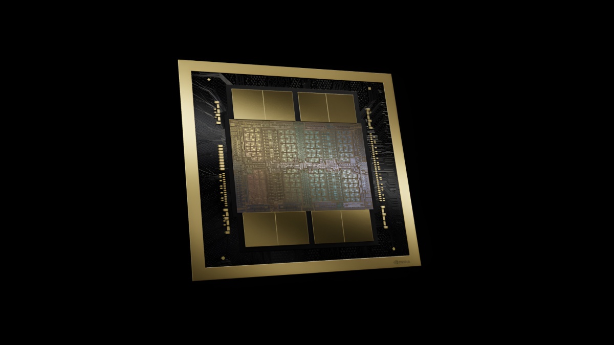 Nvidia Blackwell chip with a sleek square design, featuring a central multicolored processor surrounded by four large golden sections and mounted on a black and gold circuit board, isolated against a black background.