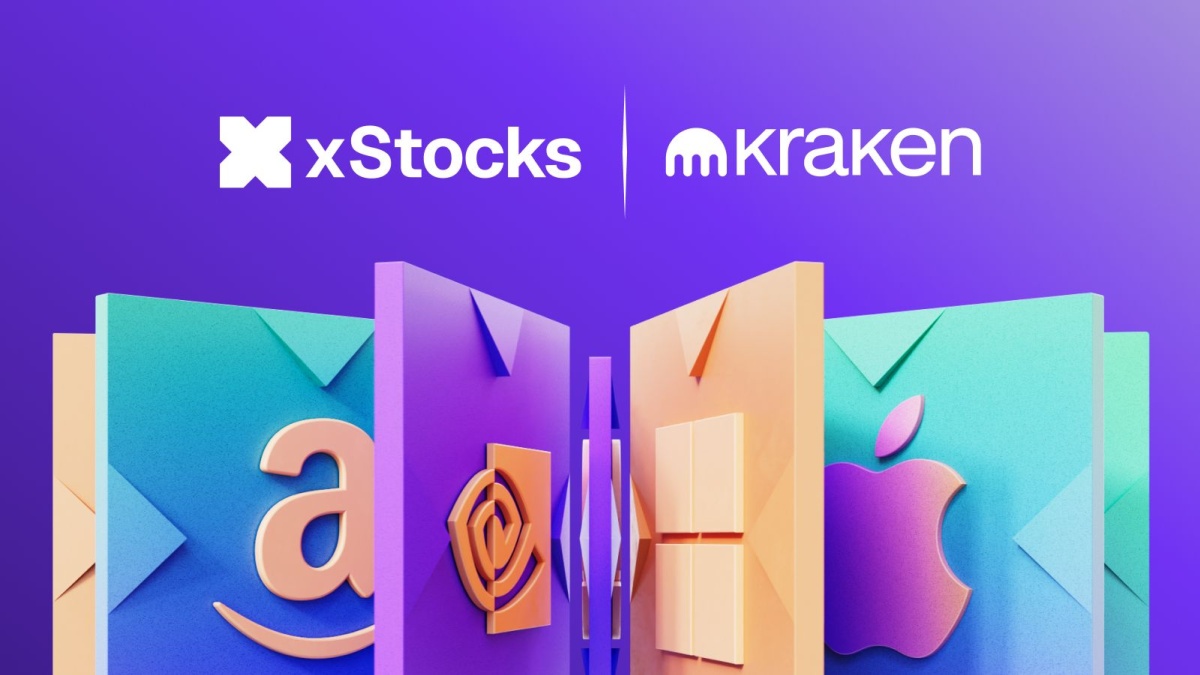 xStocks and Kraken logos with multiple stock tokens below on purple background.