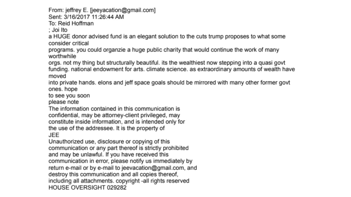 Screenshot of an email between Jeffrey Epstein and Reid Hoffman.
