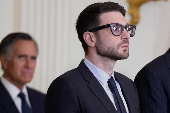 FILE - Alex Soros, left, on behalf of his father George Soros, in the East Room of the White House, Saturday, Jan. 4, 2025, in Washington. (AP Photo/Manuel Balce Ceneta, File)