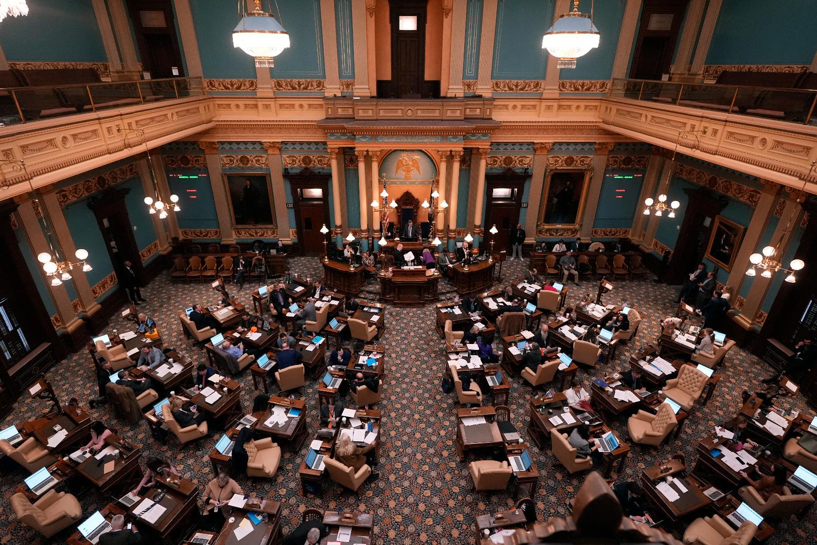 Overhead view of the Michigan State Senate in session, Wednesday, Dec. 4, 2024, in Lansing, Mich. (AP Photo/Carlos Osorio)