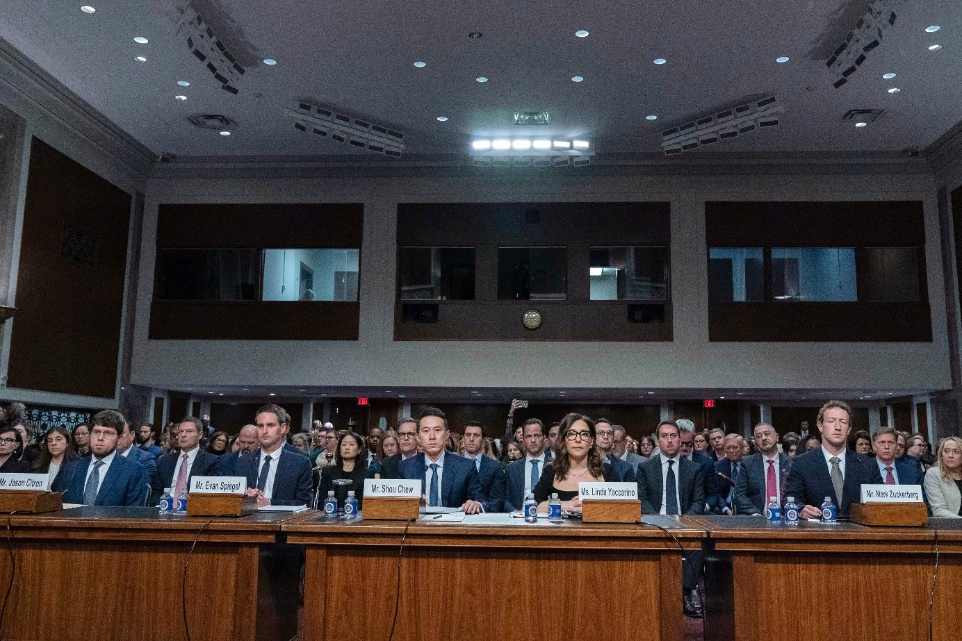 FILE - From left; Discord CEO Jason Citron, Snap CEO Evan Spiegel, TikTok CEO Shou Zi Chew, X CEO Linda Yaccarino and Meta CEO Mark Zuckerberg, testify before a Senate Judiciary Committee hearing on Capitol Hill in Washington, Jan. 31, 2024, to discuss child safety online. (AP Photo/Jose Luis Magana, File)
