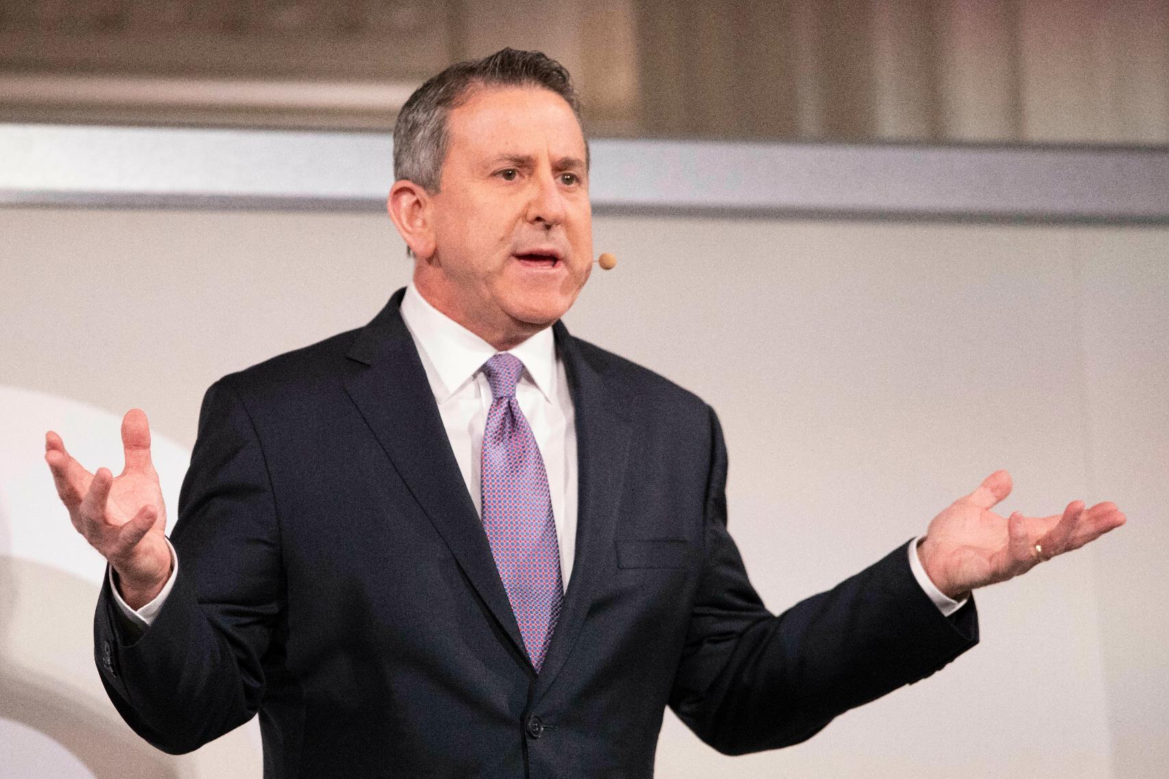 FILE - Brian Cornell, Chairman of the Board and CEO of Target, speaks at a financial community meeting, March 5, 2019, in New York. (AP Photo/Mark Lennihan, file)
