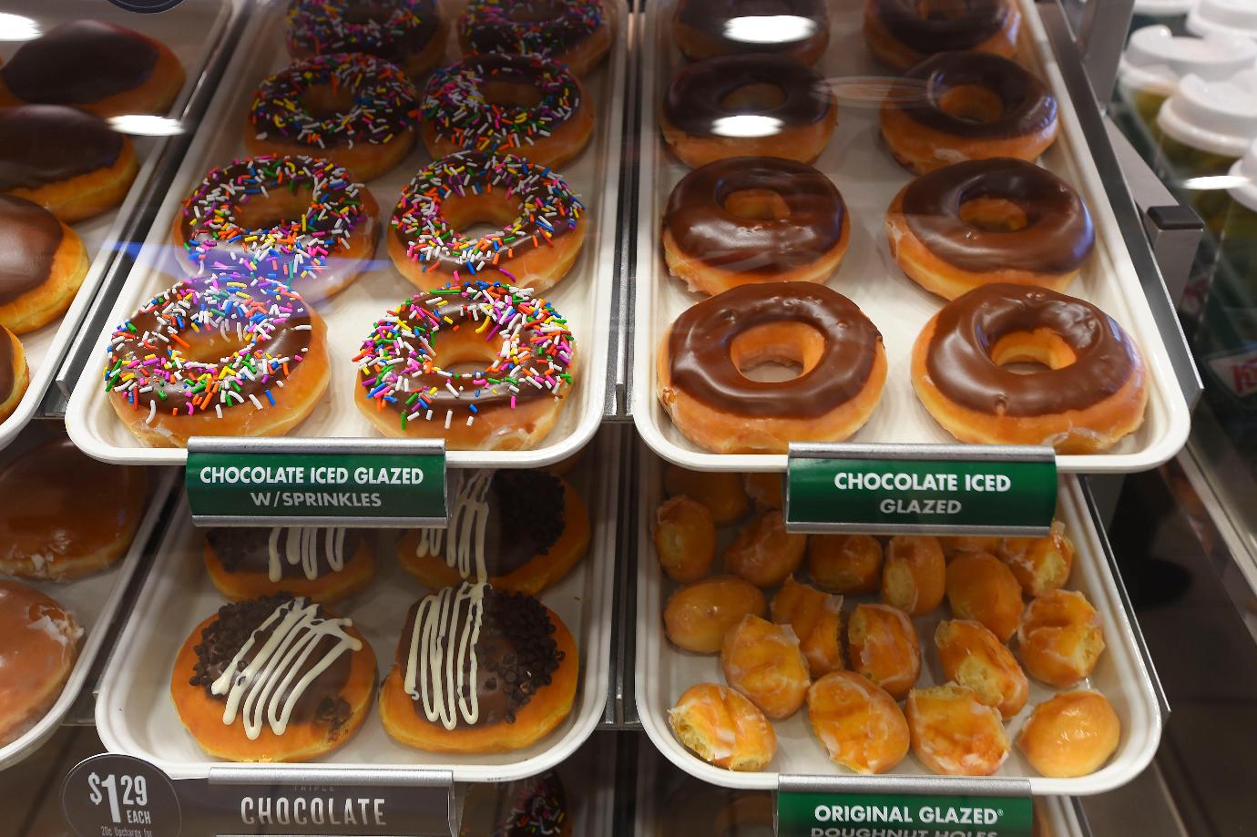 FILE - An assortment of Krispy Kreme doughnuts in Decatur, Ala., are displayed on Jan. 19, 2016. (John Godbey/The Decatur Daily via AP, File)