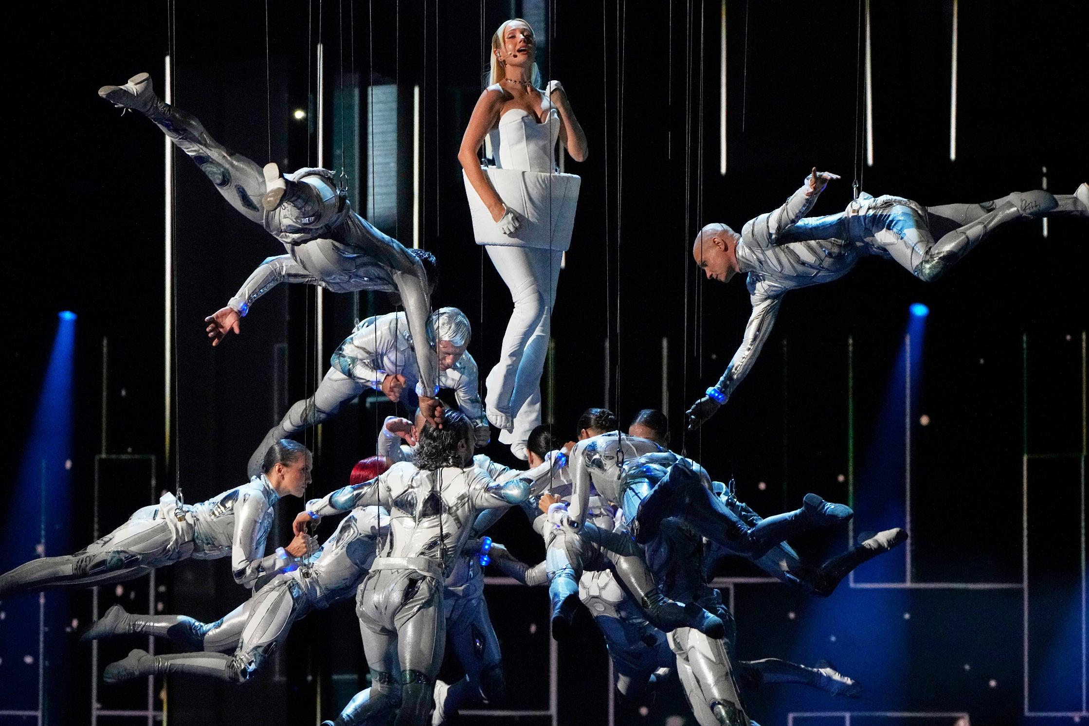 Russian singer Klava Koka performs after the competition program at the International Music Competition "Intervision" at the Live Arena outside Moscow, Russia, Saturday, Sept. 20, 2025. (AP Photo/Alexander Zemlianichenko)