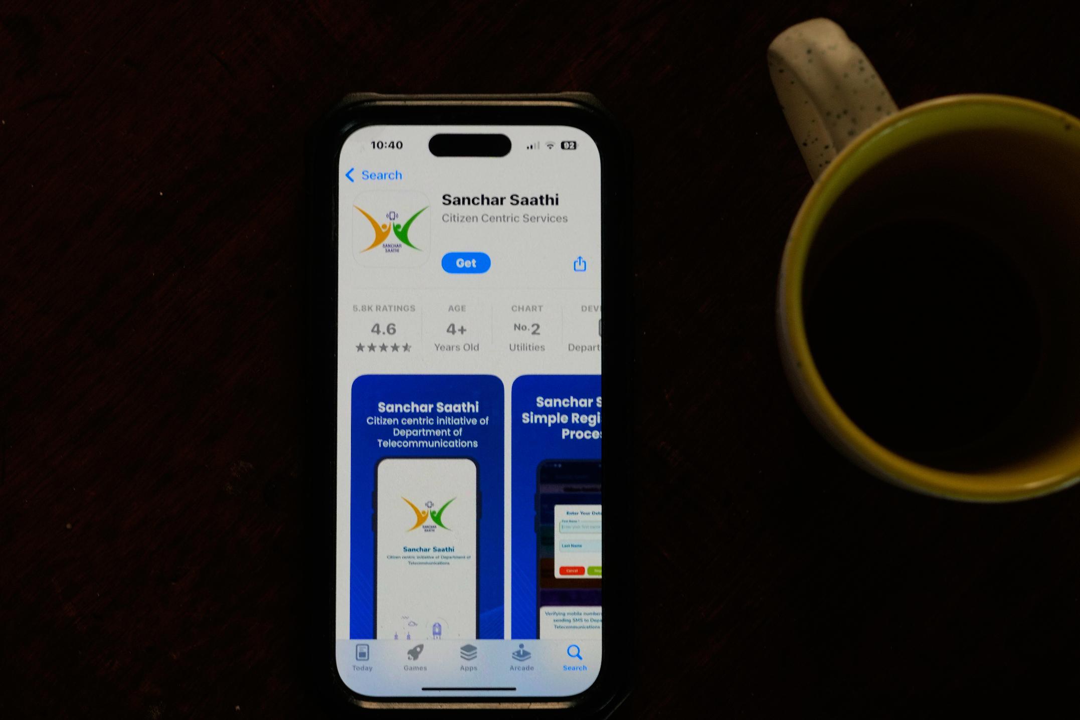 An Indian government-run cybersecurity app "Sanchar Saathi" is seen on a mobile phone in New Delhi, India, Tuesday, Dec. 2, 2025. (AP Photo/Manish Swarup)