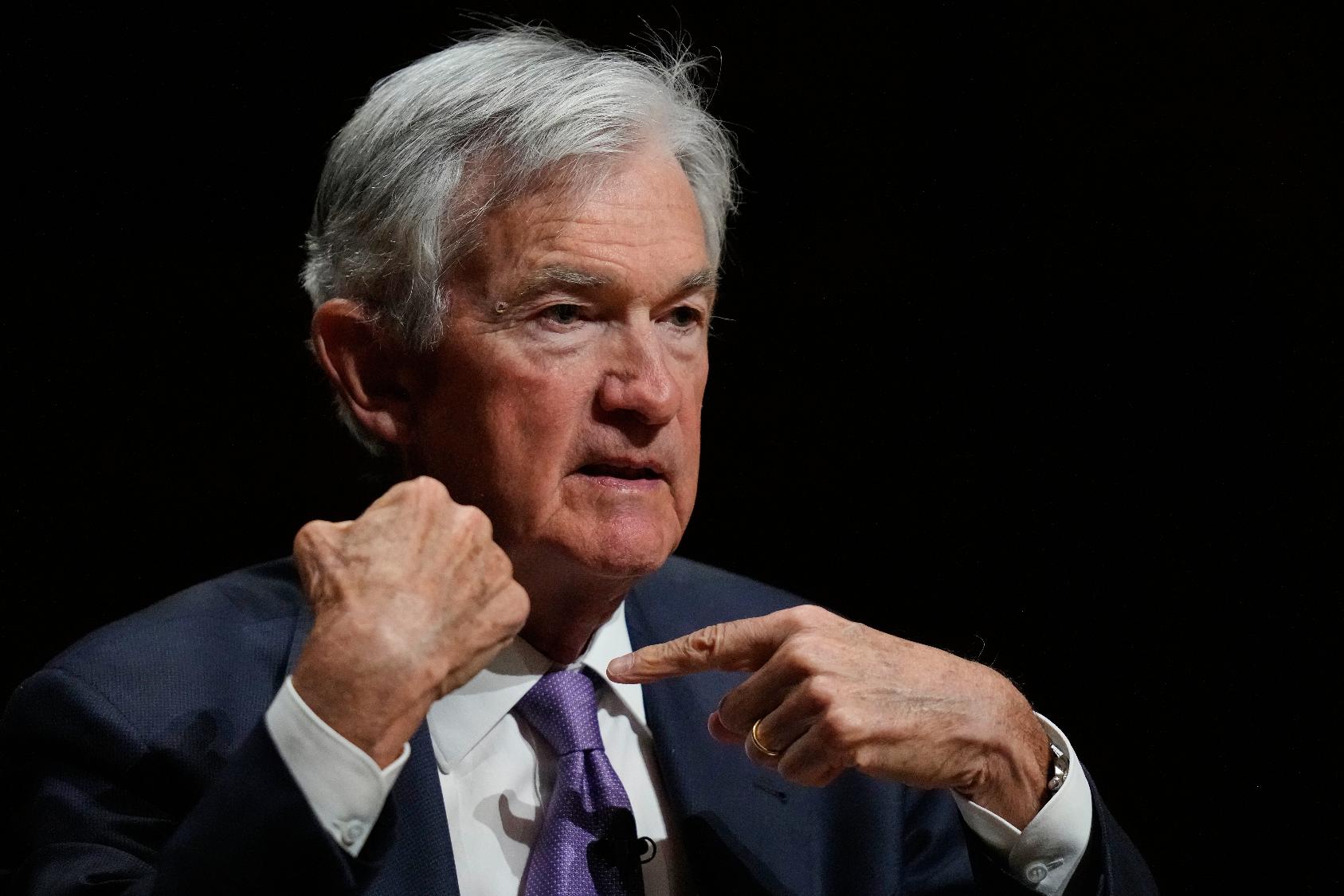 Federal Reserve Chair Jerome Powell gestures while addressing students at Harvard University, Monday, March 30, 2026, in Cambridge, Mass. (AP Photo/Charles Krupa)