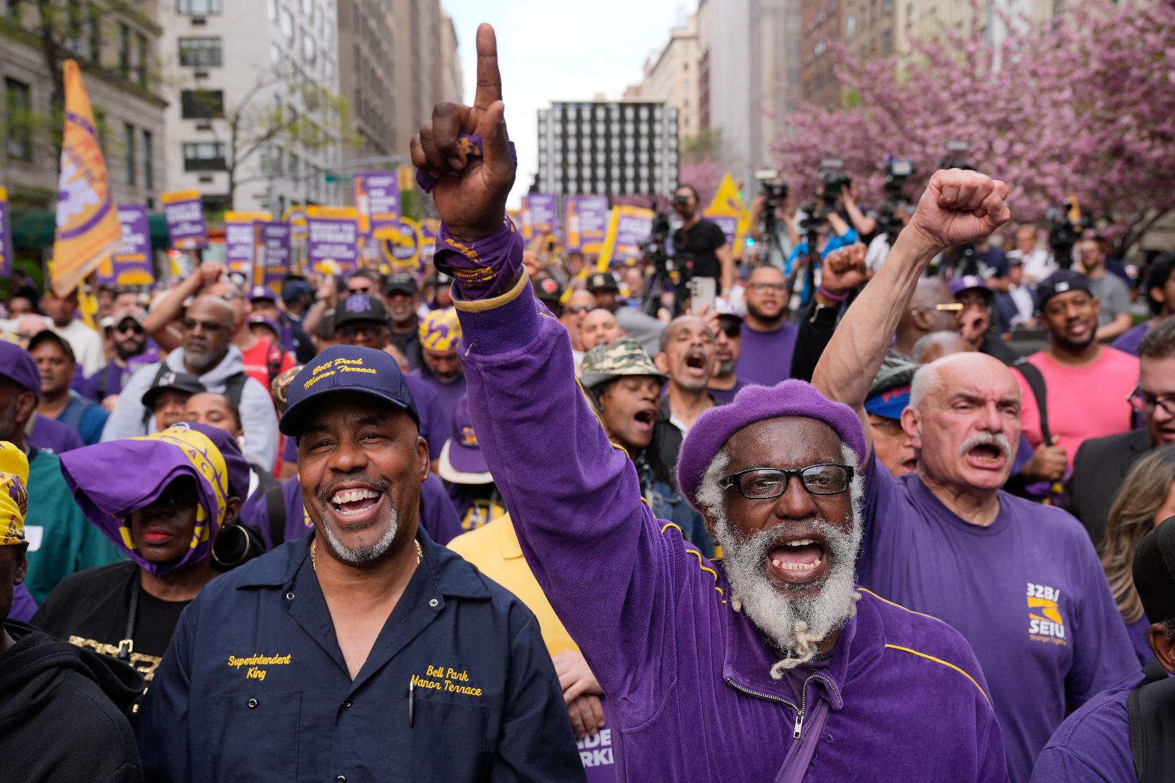 Members of the 32BJ SEIU union and their supporters rally on Park Avenue, in New York, Wednesday, April 15, 2026. (AP Photo/Seth Wenig)