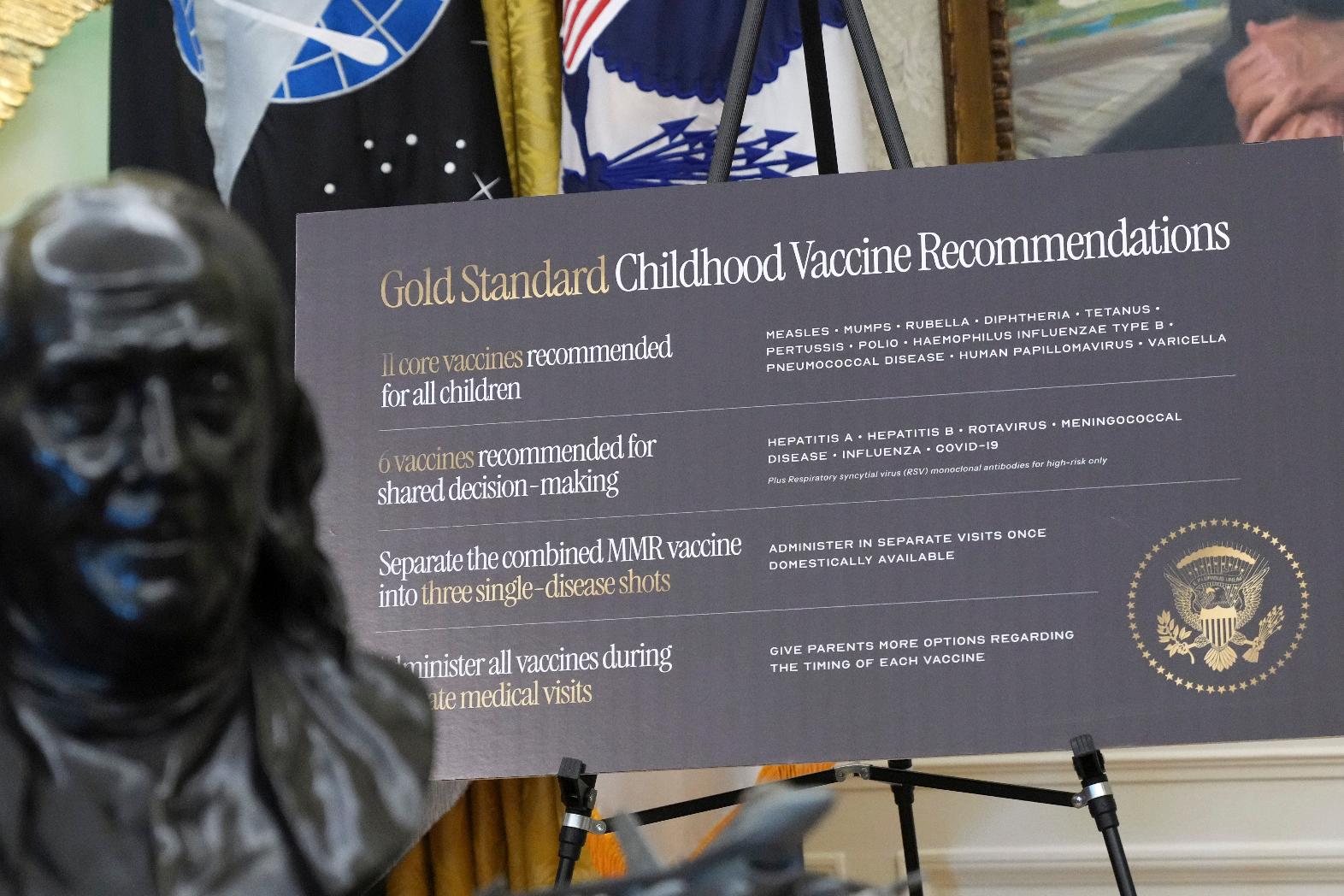 A sign about childhood vaccines is pictured as President Donald Trump speaks during a meeting to sign an executive order, Monday, Aug. 10, 2026, in the Oval Office of the White House in Washington. (AP Photo/Jacquelyn Martin)