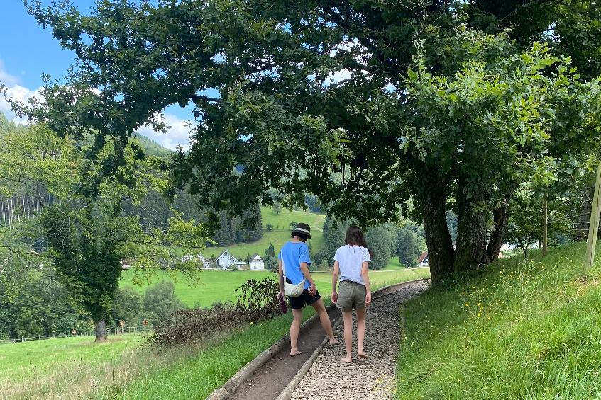 This photo provided by Katherine Hunt shows her children walking barefoot at the Park for All Senses, known locally as Park Mit Allen Sinnen, Thursday, Aug. 8, 2024, in Gutach, Germany. (Katherine Hunt via AP)
