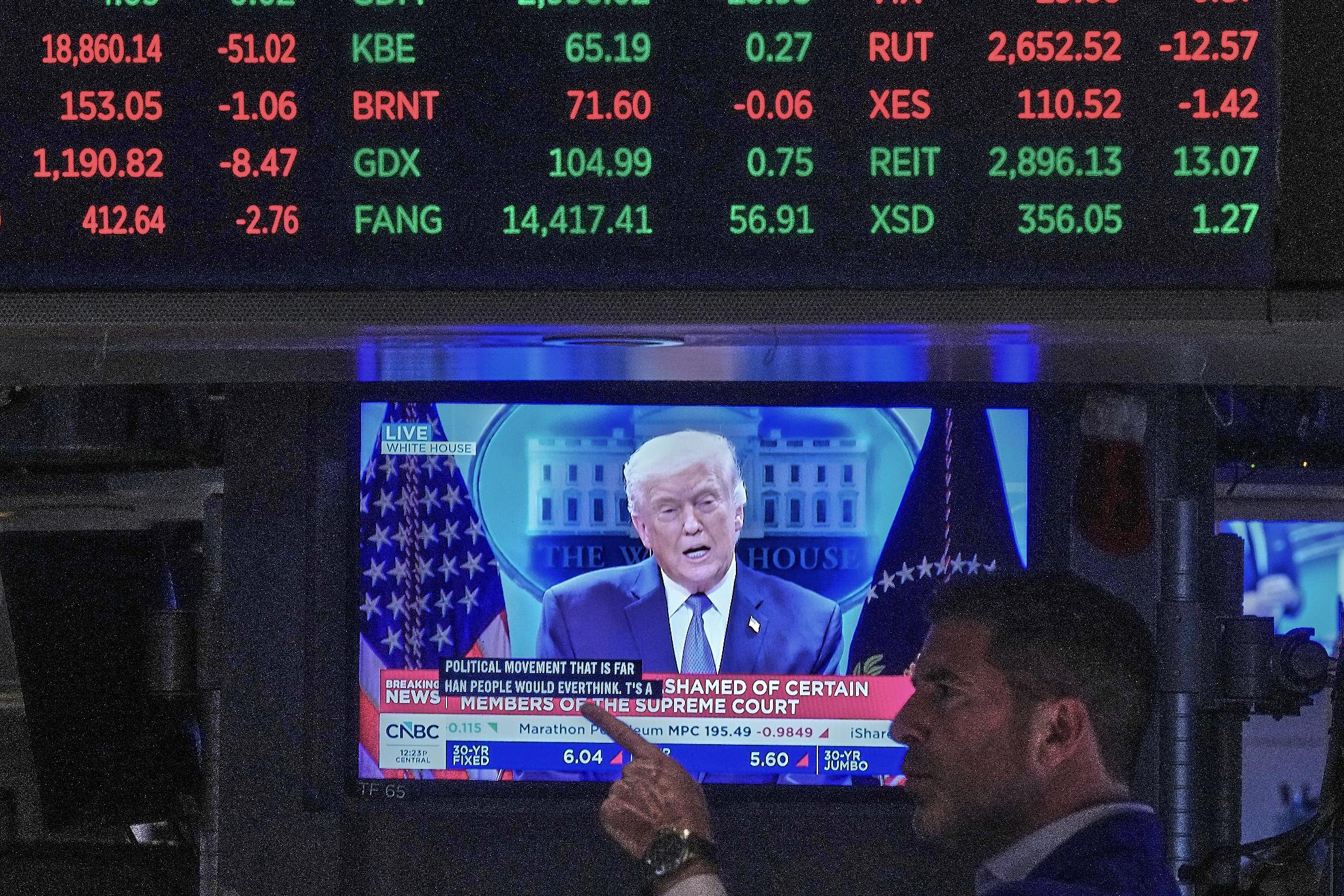 President Donald Trump appears on a trading post television screen on the floor of the New York Stock Exchange, Friday, Feb. 20, 2026. (AP Photo/Richard Drew)