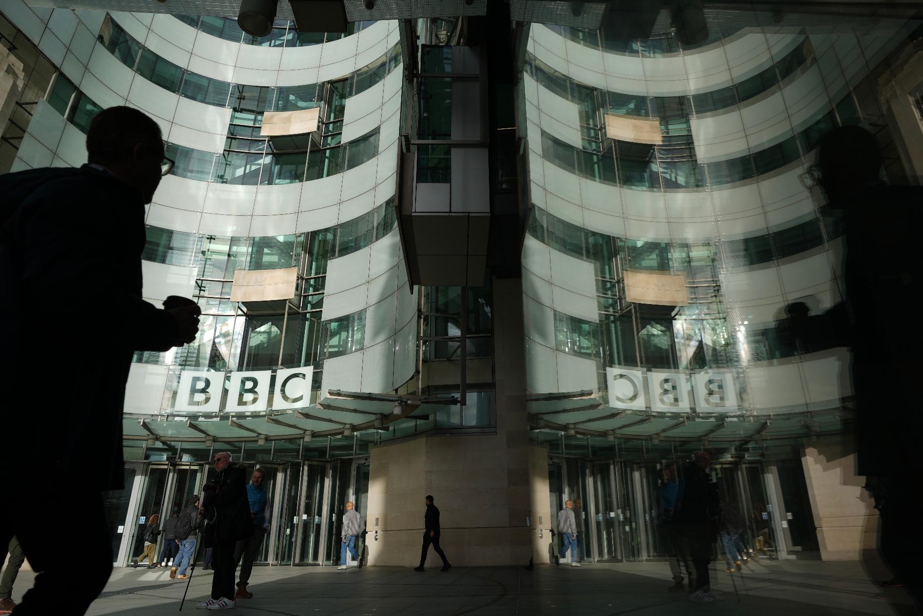 FILE - The BBC logo is displayed outside the company's headquarters in London, Nov. 12, 2025. (AP Photo/Kin Cheung, File)