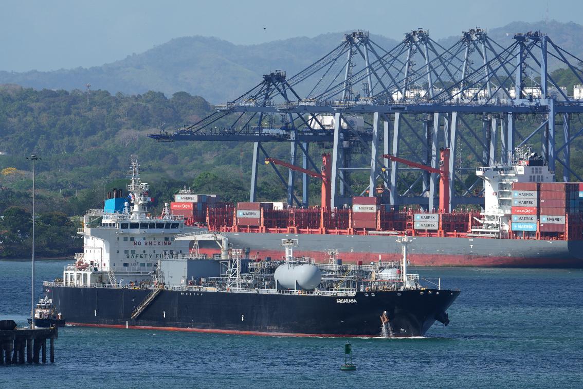 An LPG tanker transits the Panama Canal in Panama City, Thursday, March 12, 2026. (AP Photo/Matias Delacroix)