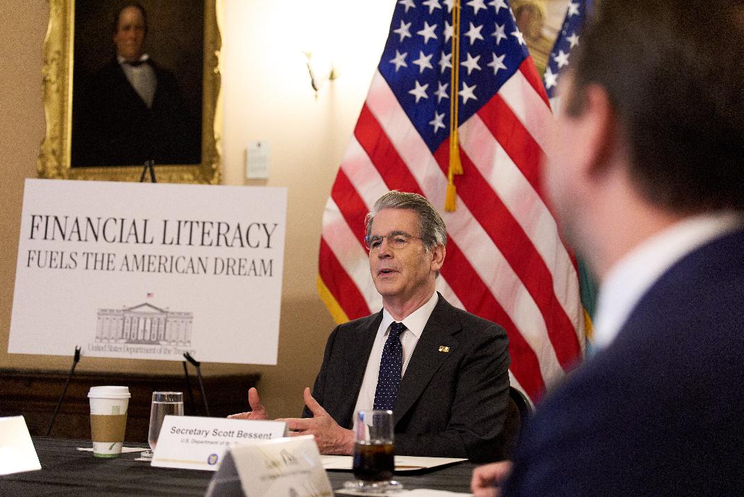 Treasury Secretary Scott Bessent meets with members of the Association of Mature American Citizens (AMAC), about financial literacy, Wednesday, April 29, 2026, at the Treasury Department, in Washington. (AP Photo/Jacquelyn Martin)