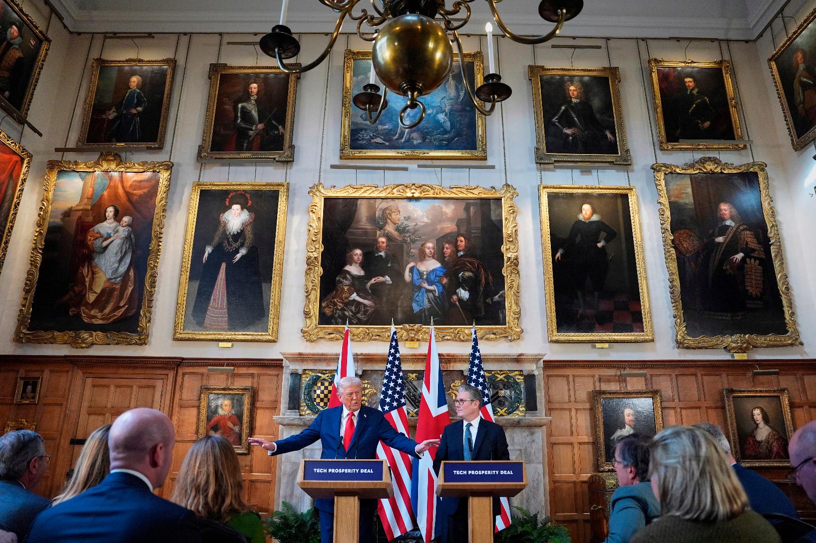 FILE - President Donald Trump gestures next to Britain's Prime Minister Keir Starmer during a joint press conference at Chequers near Aylesbury, England, Thursday, Sept. 18, 2025. (AP Photo/Evan Vucci, File)