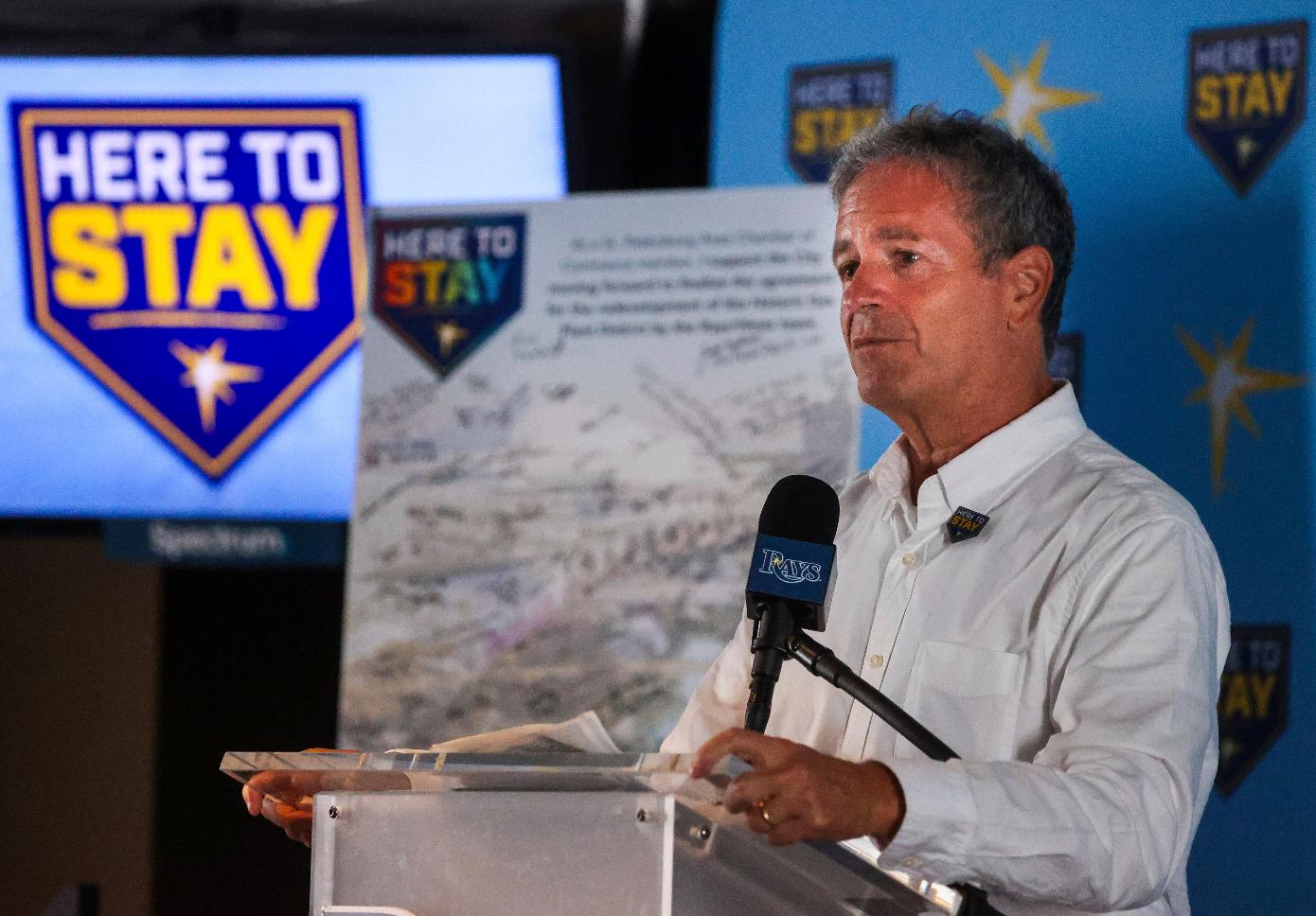 Tampa Bay Rays owner Stuart Sternberg addresses the audience during a Rays press conference in the Baldwin Group Club at Tropicana Field , Wednesday, July 17, 2024, in St. Petersburg, Fla. (Dirk Shadd/Tampa Bay Times via AP)