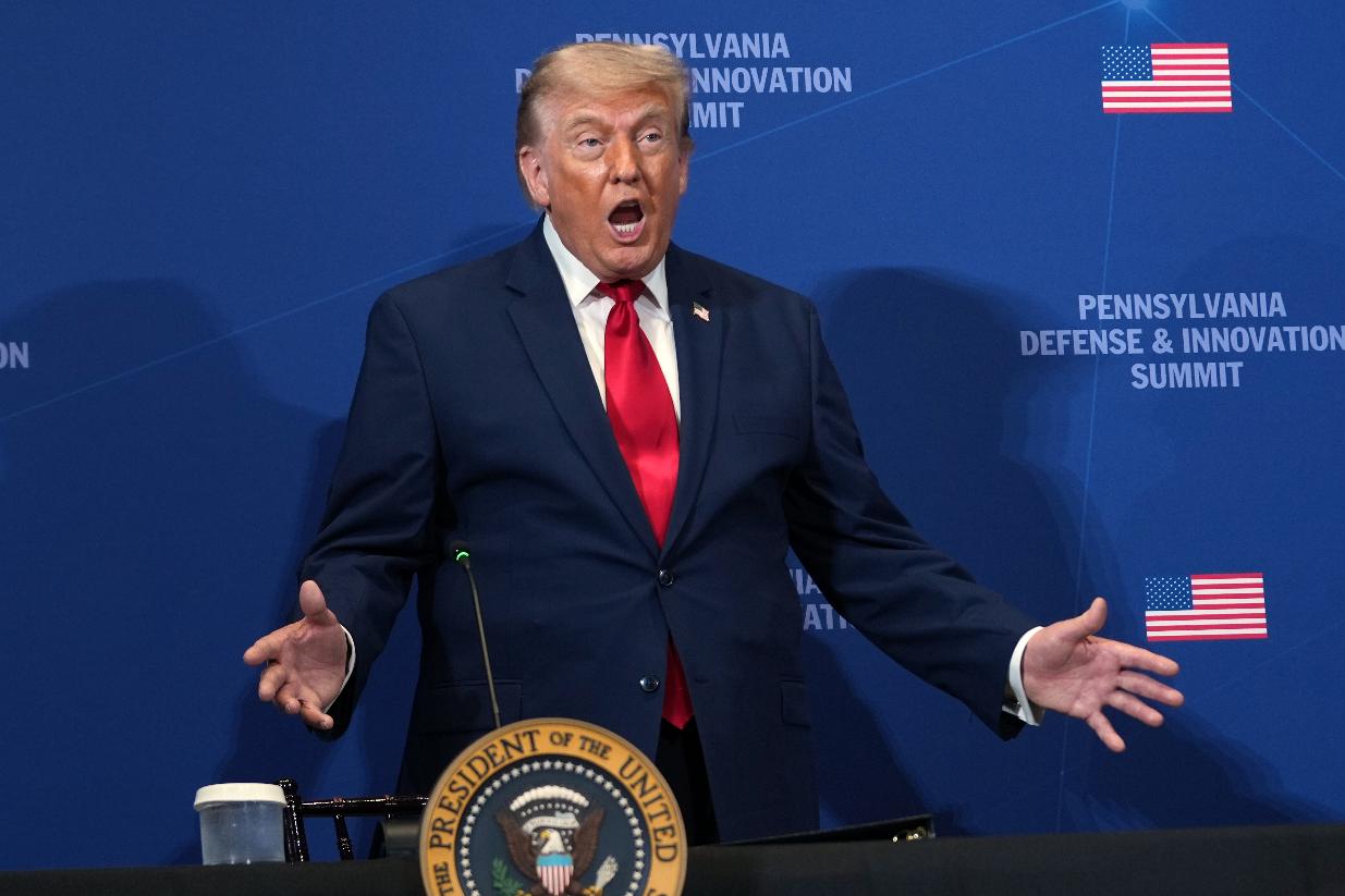 President Donald Trump speaks at the United States Army War College in Carlisle, Pa., during the Pennsylvania Defense and Innovation Summit, Wednesday, July 15, 2026. (AP Photo/Julia Demaree Nikhinson)