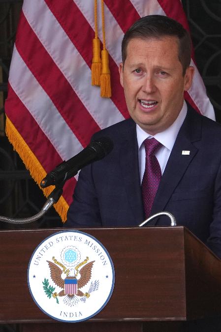 U.S. Ambassador-designate to India Sergio Gor speaks to embassy officials and media upon his arrival at the embassy in New Delhi, India, Monday, Jan. 12, 2026. (AP Photo/Manish Swarup)