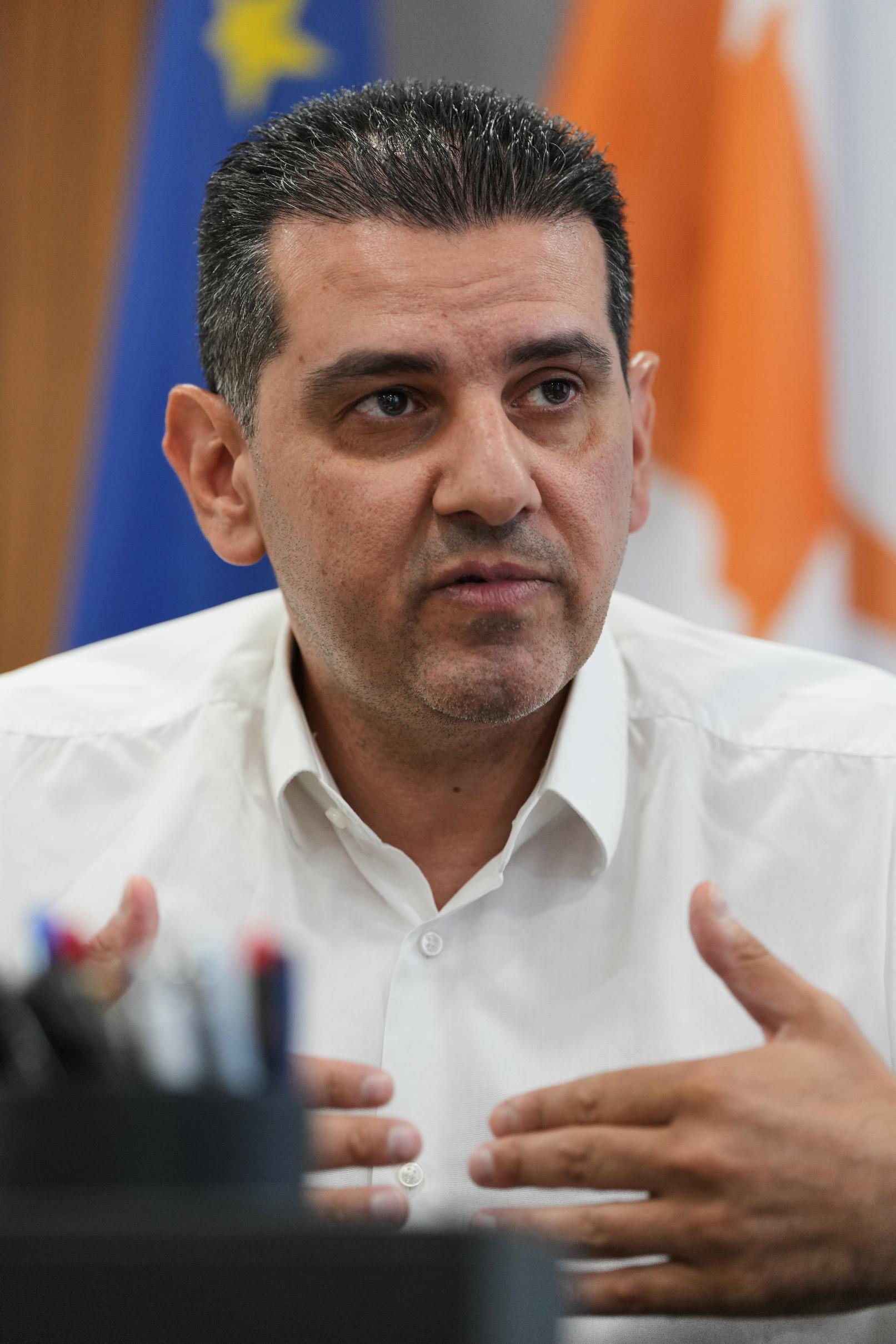 Cyprus' Energy Minister Michael Damianos talks during an interview with The Associated Press in Nicosia, Cyprus, on Aug. 7, 2026. (AP Photo/Petros Karadjias)