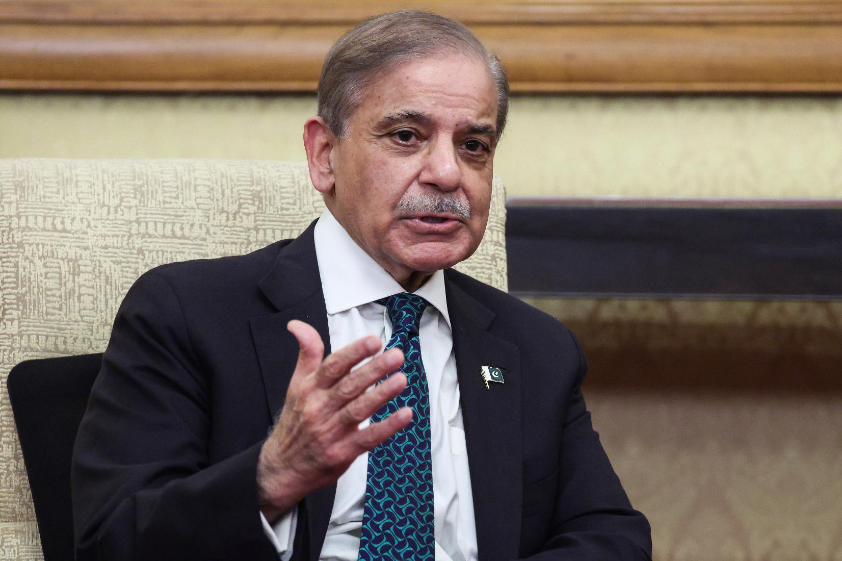 Pakistan's Prime Minister Shehbaz Sharif meets with Russian President Vladimir Putin, not pictured, at Diaoyutai State Guesthouse in Beijing, China, Tuesday, Sept 2, 2025. (Maxim Shemetov/Pool Photo via AP)