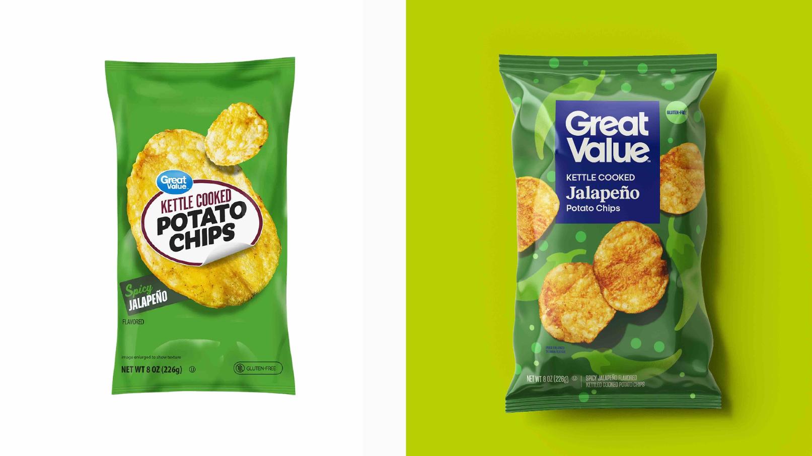 This image provided by Walmart shows from left, Walmart's Great Value Kettle Cooked Jalapeno potato chips and the redesigned packaging for Walmart's Great Value Kettle Cooked potato chips. (Walmart via AP)