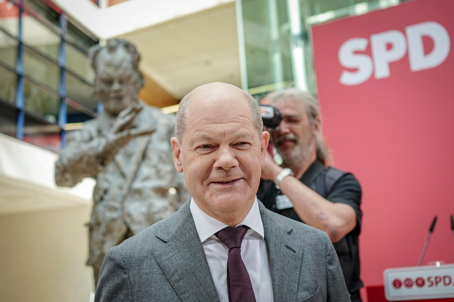 German Chancellor Olaf Scholz attends the SPD's celebration of its 160th anniversary in Berlin, Tuesday, May 23, 2023 .On May 23, 1863, Ferdinand Lassalle founded the General German Workers' Association (ADAV), the first nationally oriented German workers' party and forerunner of the SPD, at the Pantheon in Leipzig. (Kay Nietfeld/dpa via AP)