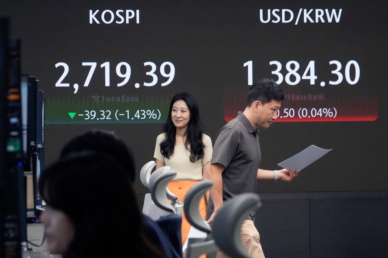 Currency traders pass by the screen showing the Korea Composite Stock Price Index (KOSPI), top left, and the foreign exchange rate between U.S. dollar and South Korean won at the foreign exchange dealing room of the KEB Hana Bank headquarters in Seoul, South Korea, Thursday, July 25, 2024. (AP Photo/Ahn Young-joon)