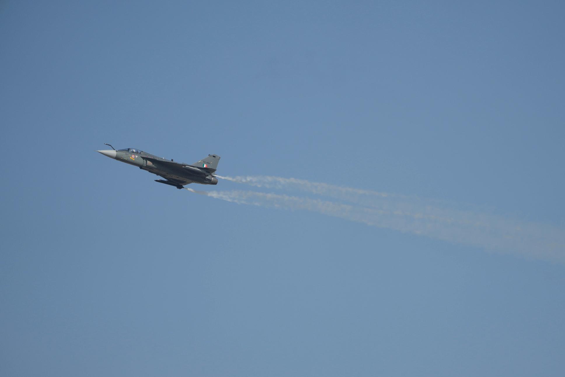 The Indian HAL Tejas during a demonstration moments before crashing at the Dubai Air Show, at Al Maktoum International Airport at Dubai World Central, Dubai, United Arab Emirates, Friday Nov. 21, 2025. (AP Photo/Jon Gambrell)