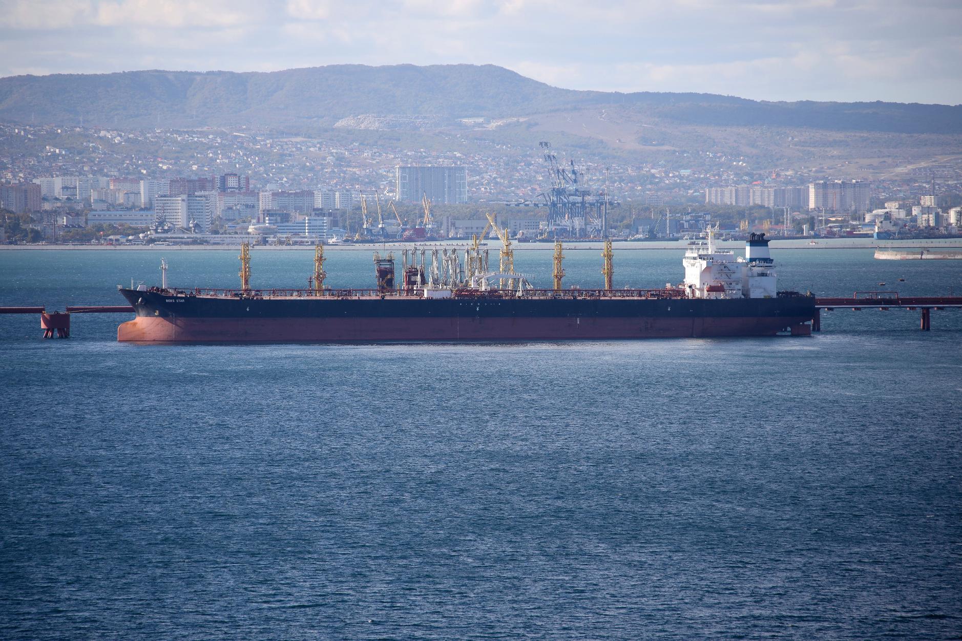 FILE - An oil tanker is moored at the Sheskharis complex, part of Chernomortransneft JSC, a subsidiary of Transneft PJSC, in Novorossiysk, Russia, on Oct. 11, 2022. (AP Photo, File)