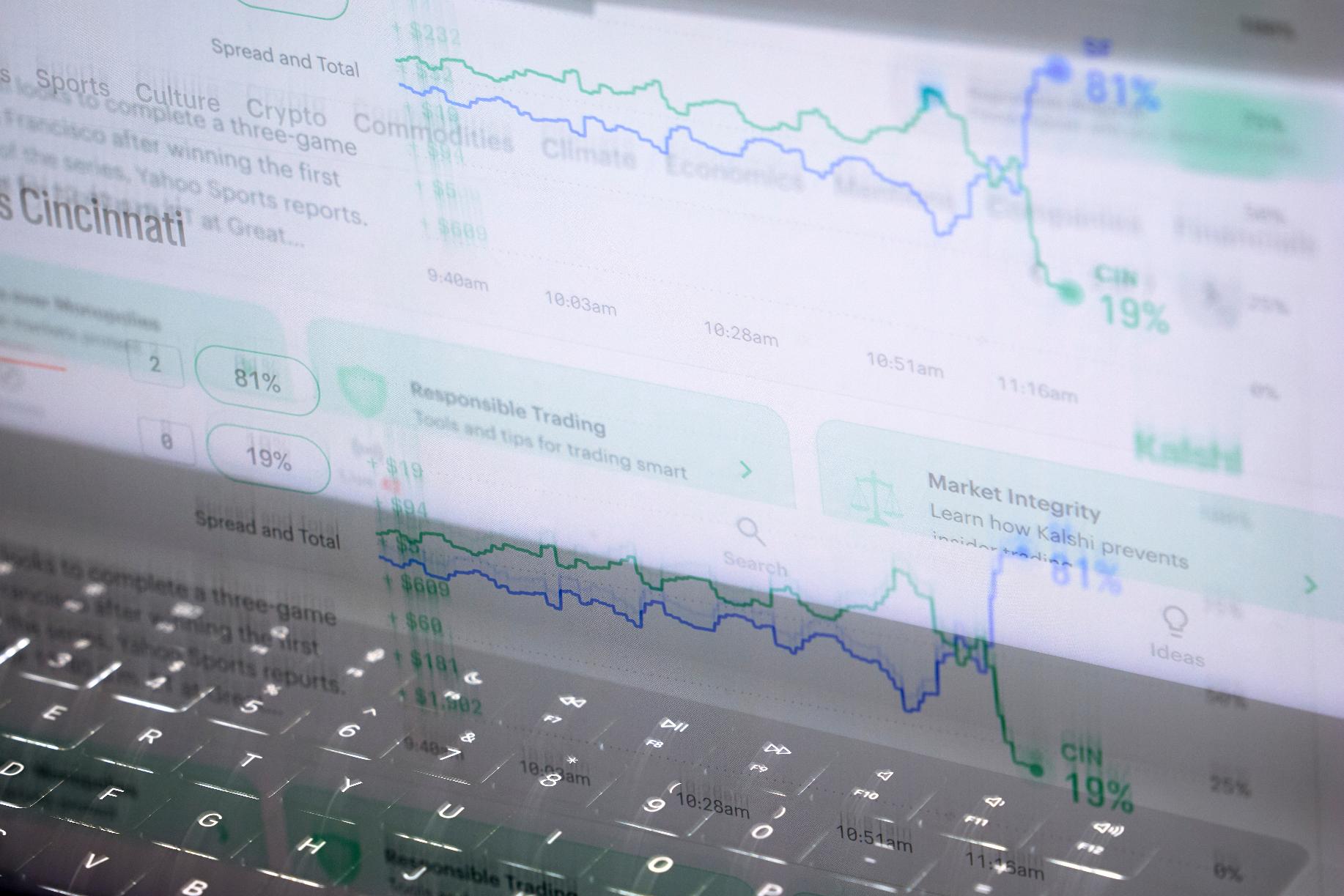 In this photo made with a long exposure, a laptop displays trades made on the Kalshi website on Thursday, April 16, 2026, in Portland, Ore. (AP Photo/Jenny Kane)
