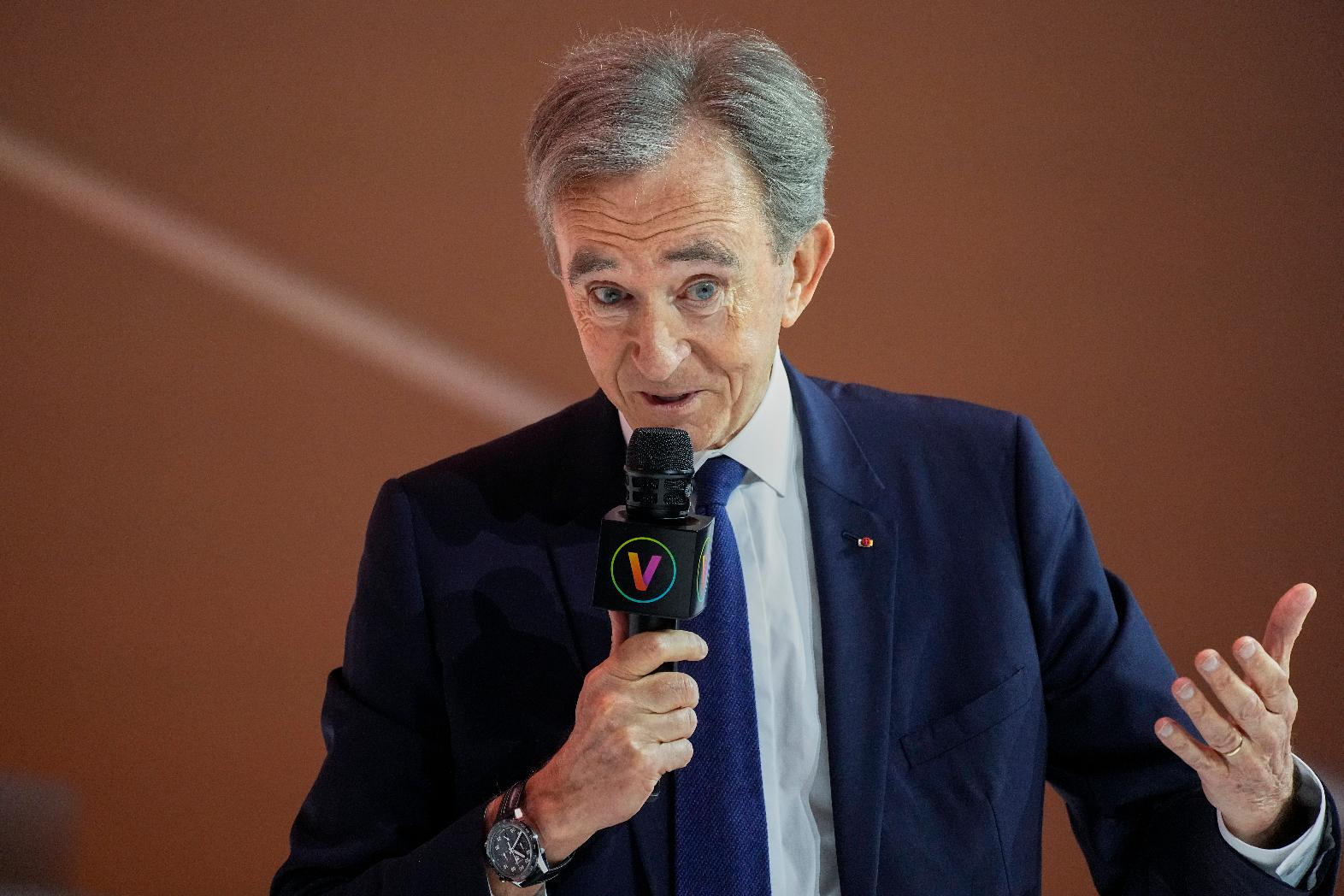 FiILE - LVMH group CEO Bernard Arnault speaks at the Vivatech show in Paris, Thursday, June 15, 2023. (AP Photo/Michel Euler, File)