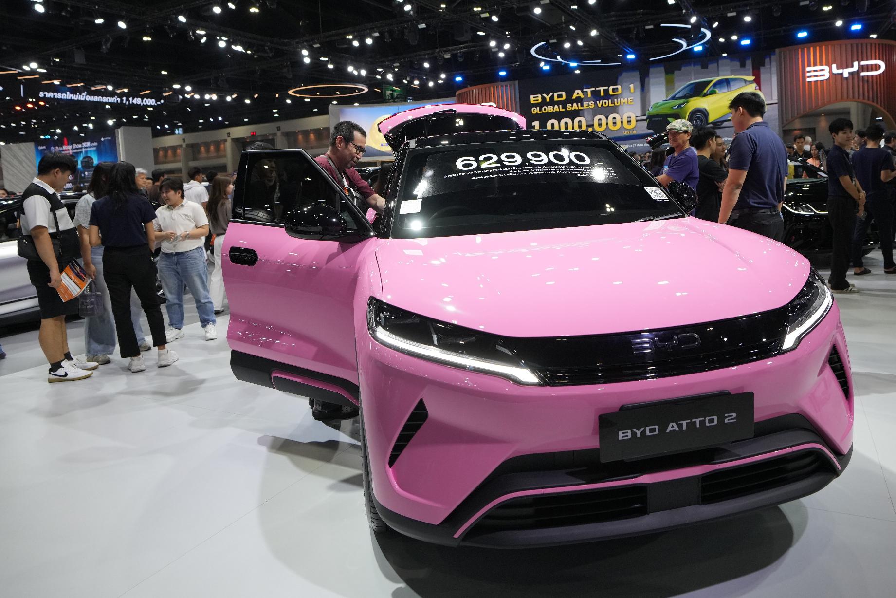 BYD's electric vehicle ATTO2 is on display during the Bangkok Motor Show in Nonthaburi, Thailand, Wednesday, April 1, 2026. (AP Photo/Sakchai Lalit)
