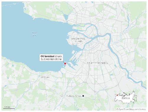 Map showing the location of a Ukrainian drone strike in St. Petersburg. (AP Digital Embed)