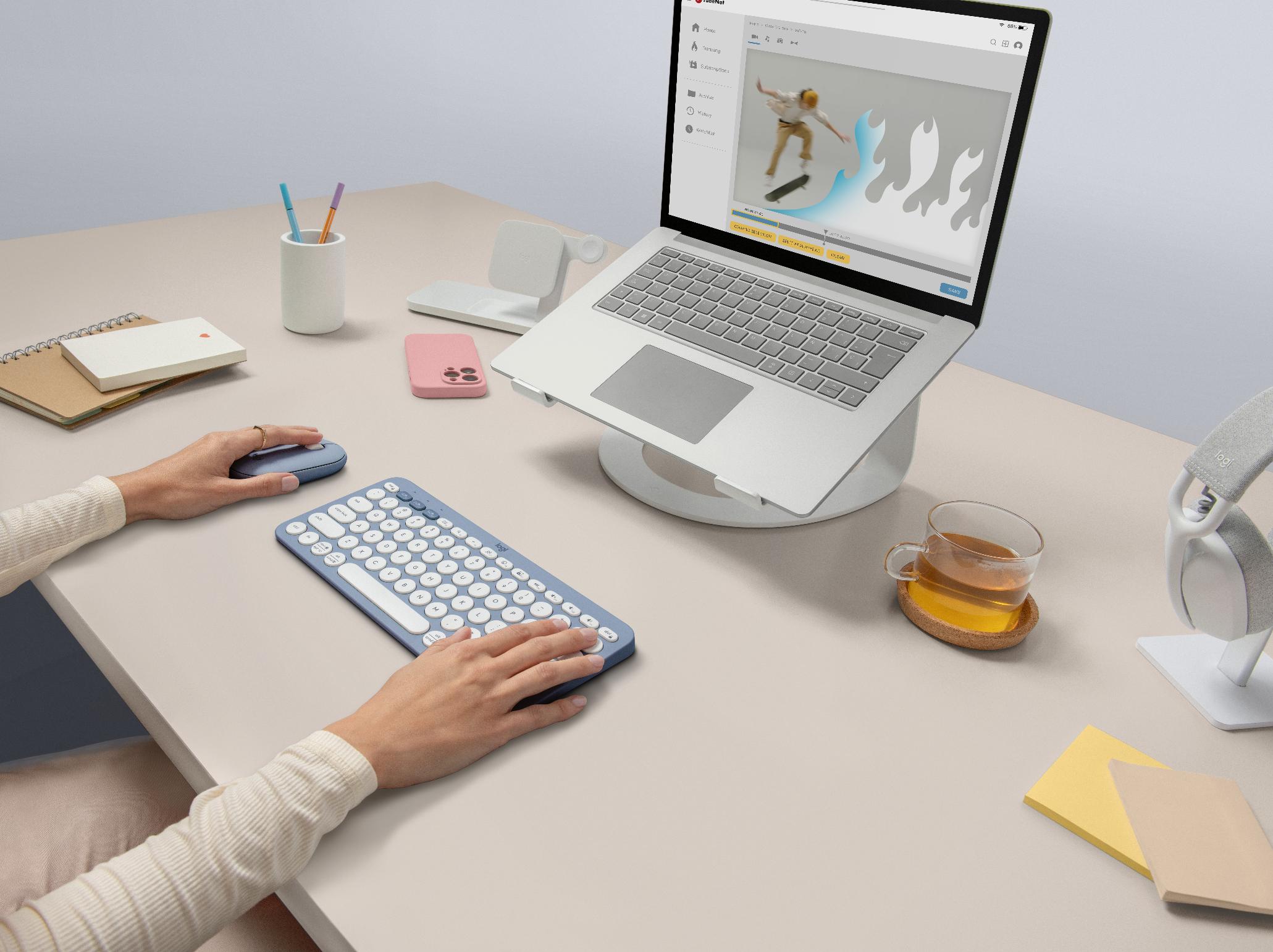This image shows Logitech's Pebble 2 wireless keyboard and mouse combo. (Logitech via AP)