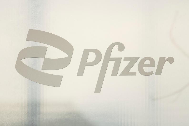 Pfizer signage is displayed at the Pfizer NYC Headquarters, Thursday, April 10, 2025, in New York. (AP Photo/Yuki Iwamura)