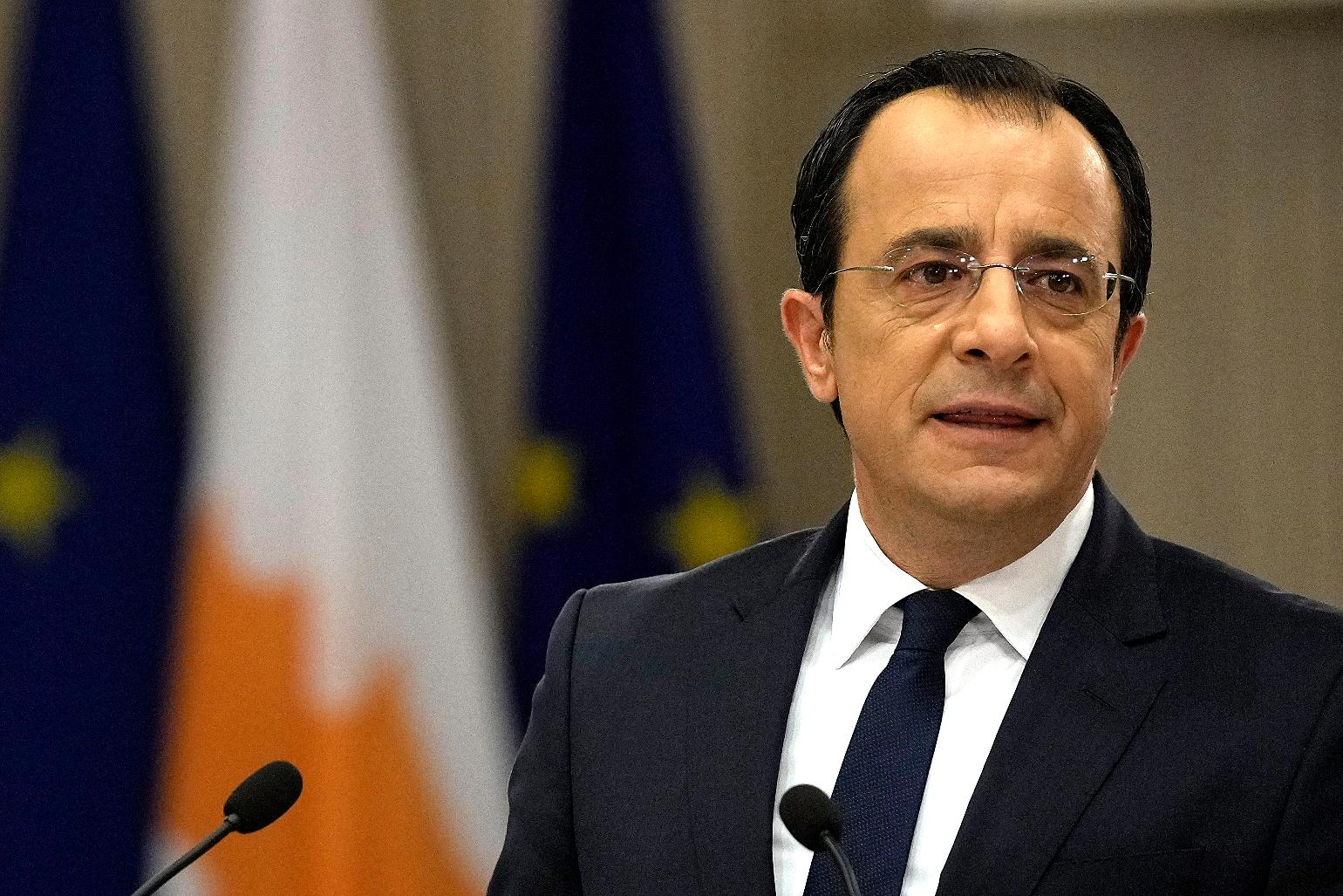 Cyprus' President Nikos Christodoulides talks to the media at the presidential palace in capital Nicosia, Cyprus, Tuesday, June 20, 2023. Christodoulides gave an account of his first 100 days in office during a news conference. (AP Photo/Petros Karadjias)