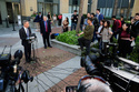 William Savitt, attorney representing OpenAI, left, speaks during a press conference outside the U.S. District Court in Oakland, Calif., Thursday, April 30, 2026. (AP Photo/Godofredo A. Vásquez)
