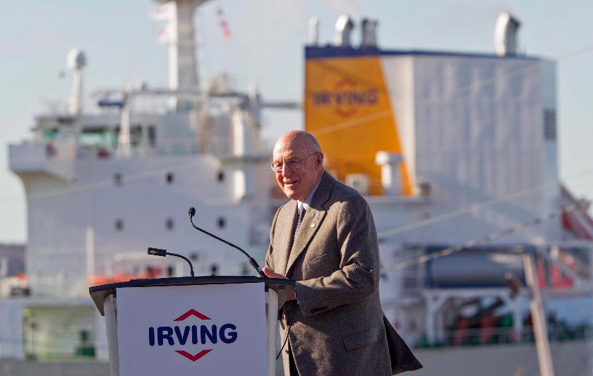 Arthur Irving, chairman of Irving Oil takes to the podium during the grand opening of the Halifax Harbour Terminal in Dartmouth, Nova Scotia, Oct. 20, 2016. Irving, one of Canada's richest people and the son of Canadian industrialist K.C. Irving, has died Monday, May 13, 2024, at the age of 93 after a life spent growing the oil business his father founded, in an announcement by Irving Oil. (The Canadian Press via AP)
