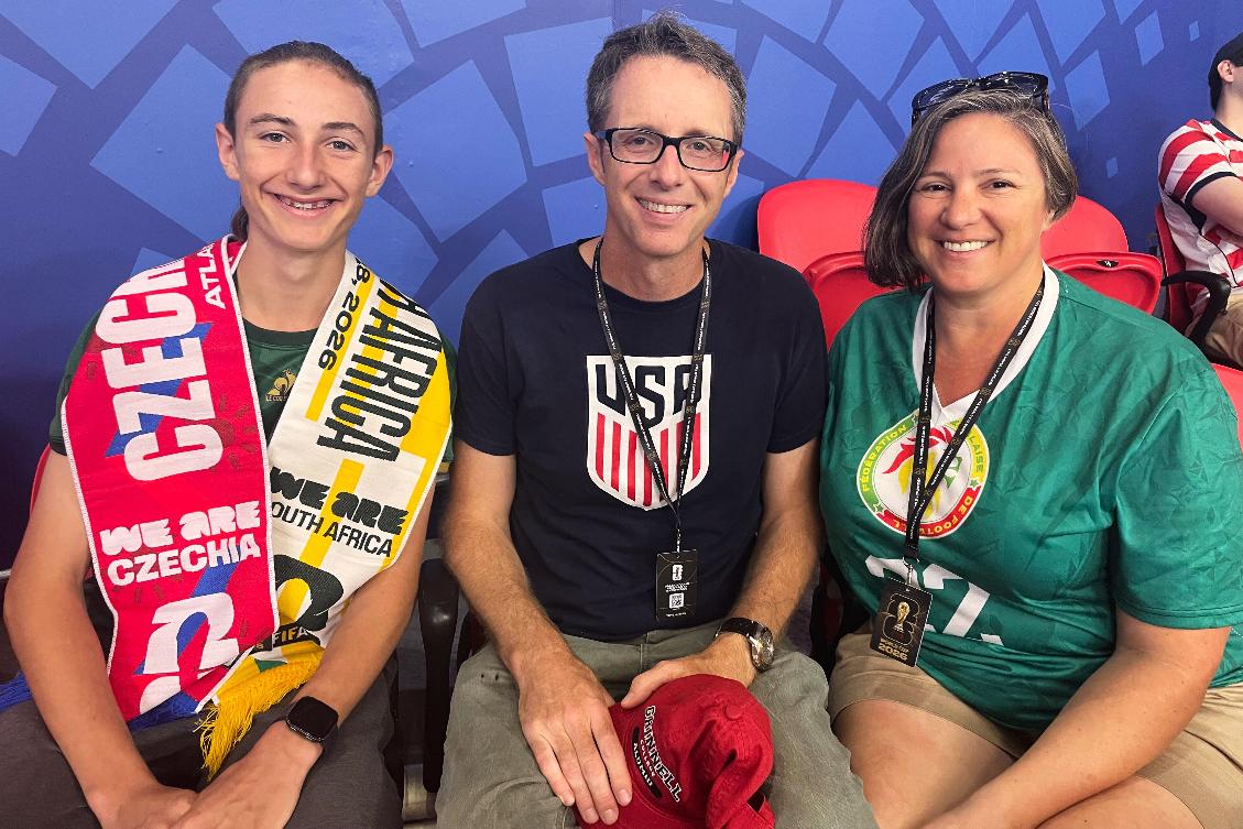Patrick O'Neil, his wife, Gina Difino, right, and their 15-year-old son, Aidan, attend the World Cup Group A soccer match between Czechia and South Africa in Atlanta on Thursday, June 18, 2026. (AP Photo/R.J. Rico)