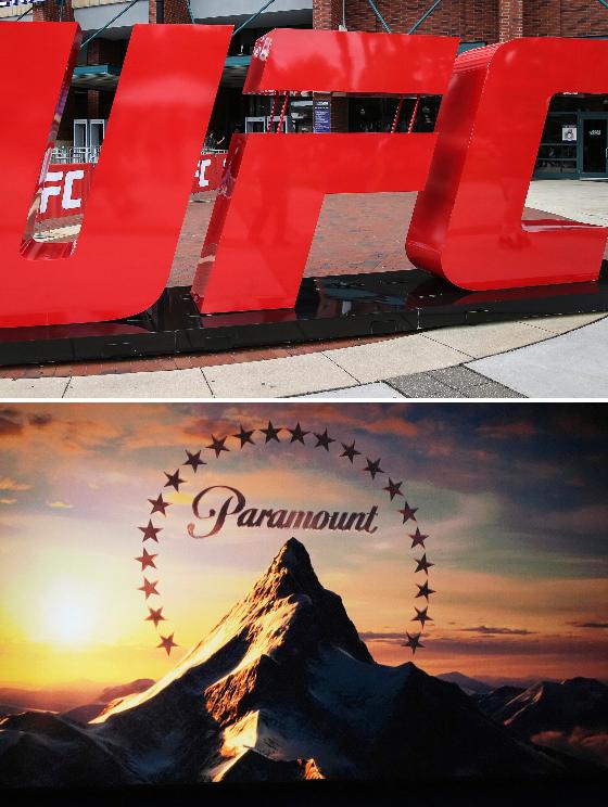 This photo combination shows a UFC logo, top, outside the arena, April 24, 2021, in Jacksonville, Fla. and the Paramount logo during the Paramount Pictures presentation at CinemaCon at Caesars Palace on April 3, 2025, in Las Vegas. (AP Photo/Gary McCullough, Chris Pizzello)