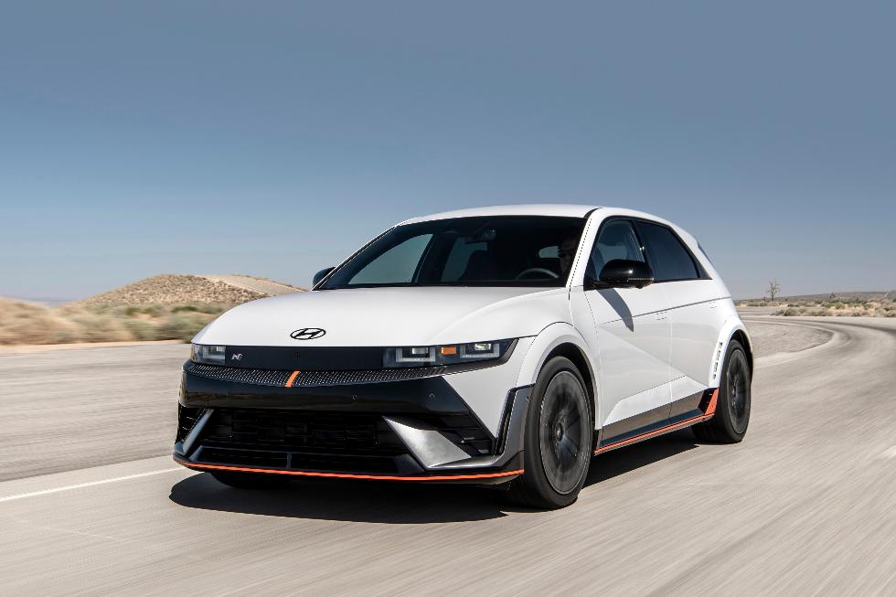 This photo provided by Hyundai shows the 2025 Ioniq 5 N. The N badge signifies this is the 641-horsepower high-performance version of the Ioniq 5 EV. (Courtesy of Hyundai Motor America via AP)