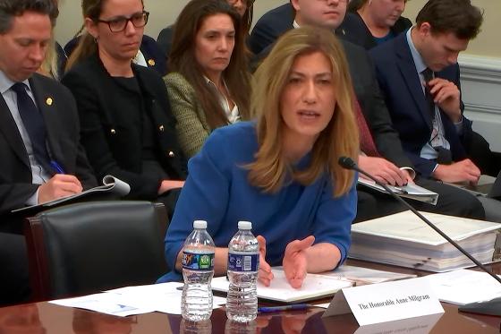 In this image from video provided by the U.S. House Appropriations Committee, Drug Enforcement Administration chief Anne Milgram speaks during a meeting with the committee on Capitol Hill in Washington on Thursday, April 27, 2023. During the session, lawmakers questioned Milgram over millions of dollars in no-bid contracts that are the subject of a watchdog probe into whether the agency improperly hired some of her past associates. (U.S. House Appropriations Committee via AP)