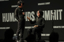 Professor Hiroshi Ishiguro of Osaka University talks to android robot Geminoid at the Humanoids Summit 2026 in Tokyo, Thursday, May 28, 2026. (AP Photo/Ayaka McGill)