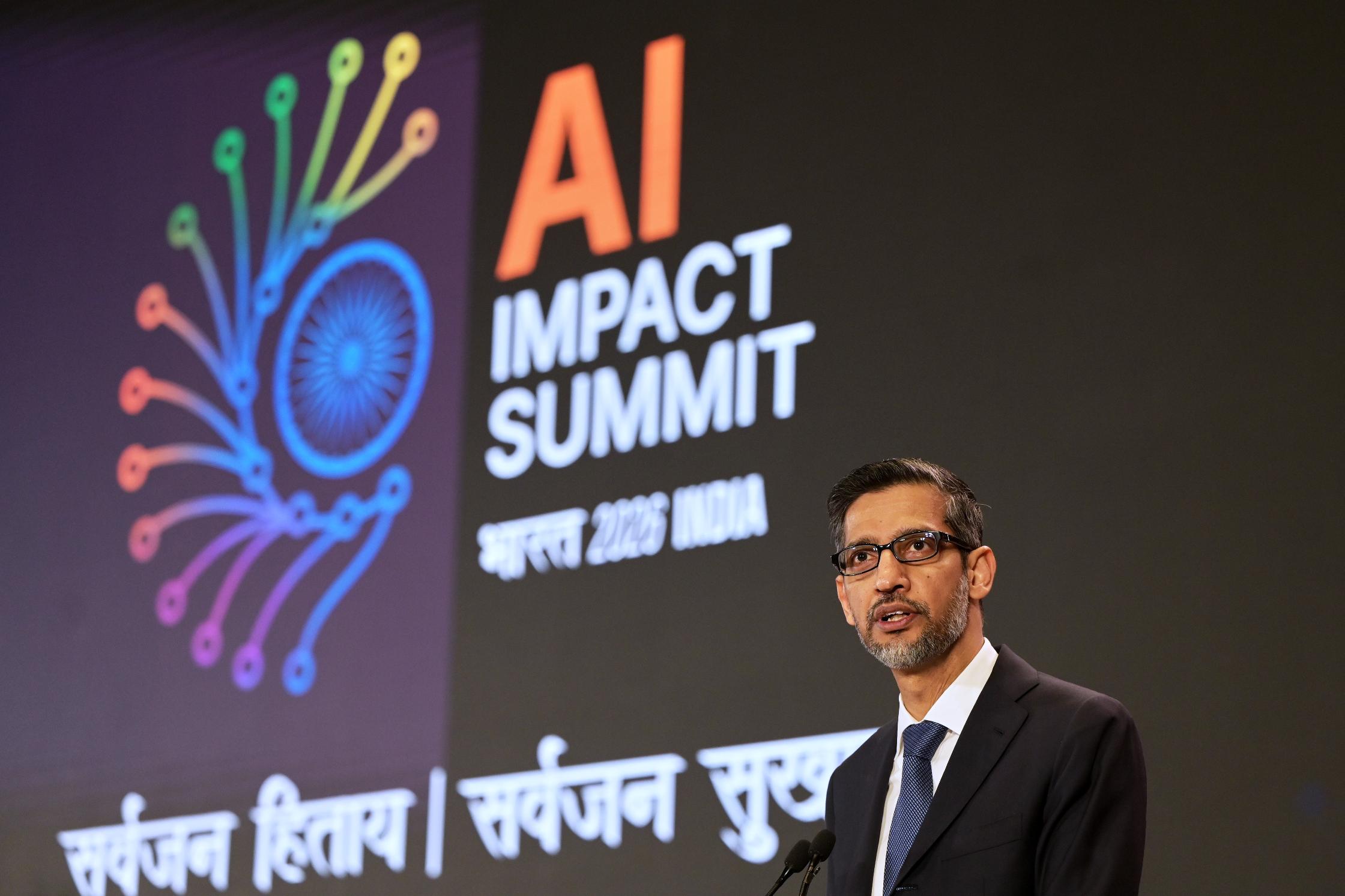 Google CEO Sundar Pichai speaks at the AI Impact Summit in New Delhi, India, Friday, Feb. 20, 2026. (AP Photo)