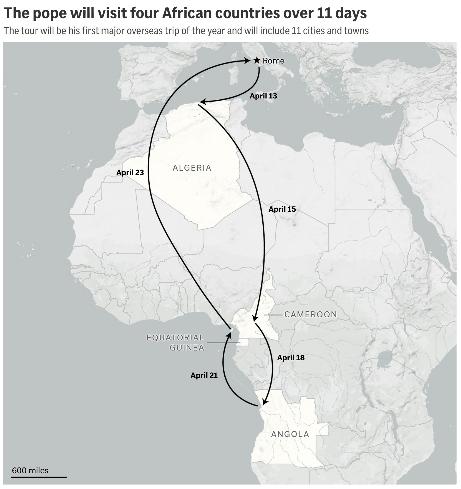 A map showing the pope's planned travel through Africa. (AP Digital Embed)