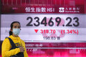 A woman wearing a face mask walks past a bank's electronic board showing the Hong Kong share index in Hong Kong, Friday, Nov. 3, 2021. Stocks were mixed in Asia on Friday after a broad rally on Wall Street as investors kept an eye on the spread of the new coronavirus variant and measures governments are taking to restrain it. (AP Photo/Kin Cheung)