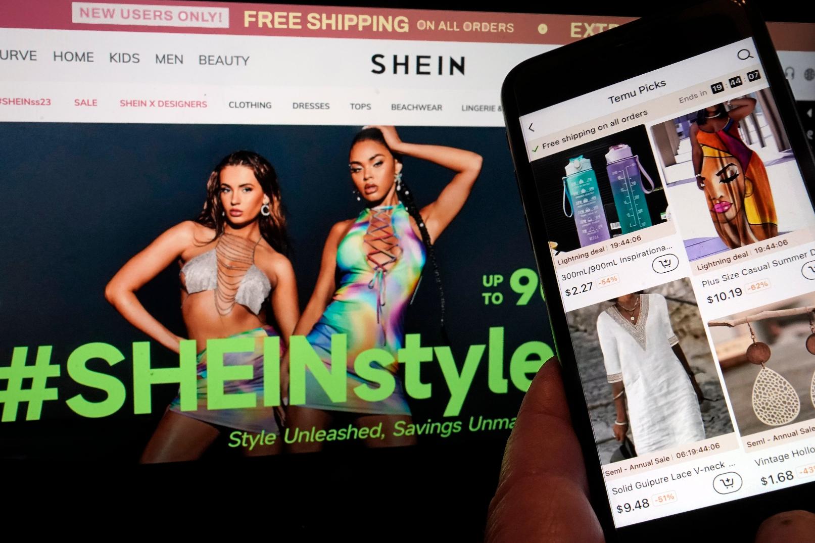 FILE - Pages from the Shein website, left, and from the Temu site, right, are shown in this photo, in New York, June 23, 2023. (AP Photo/Richard Drew, File)