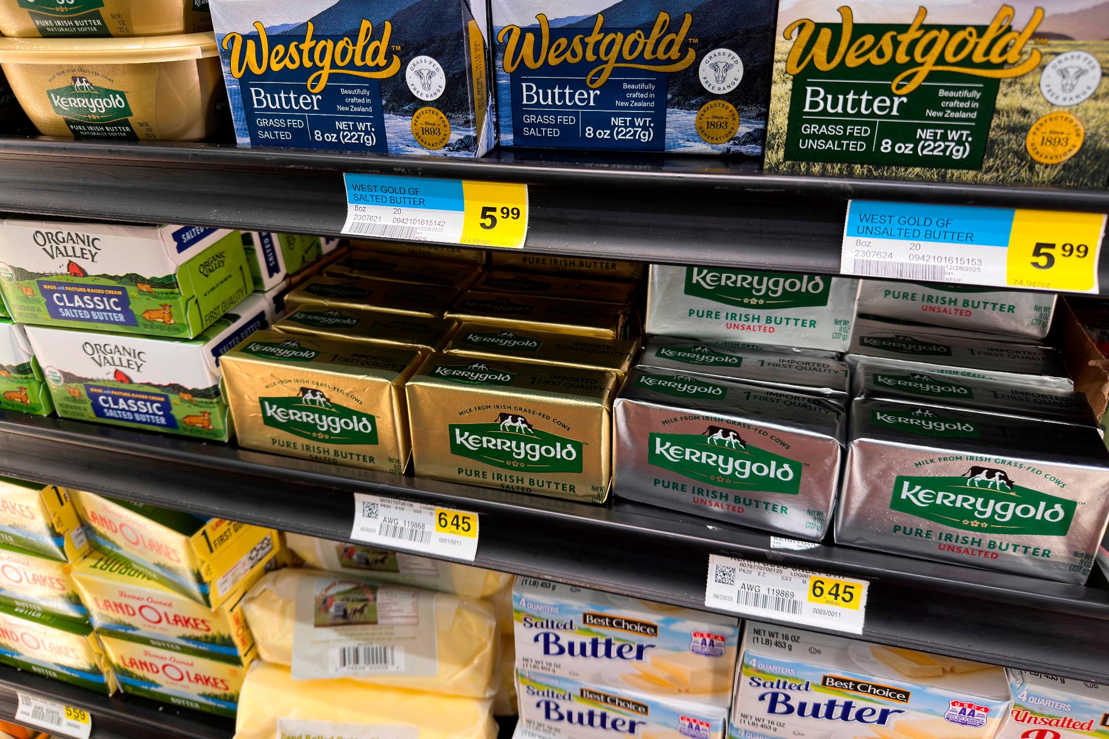 Butter is displayed for sale at a grocery store Wednesday, April 29, 2026, in Chicago. (AP Photo/Erin Hooley)