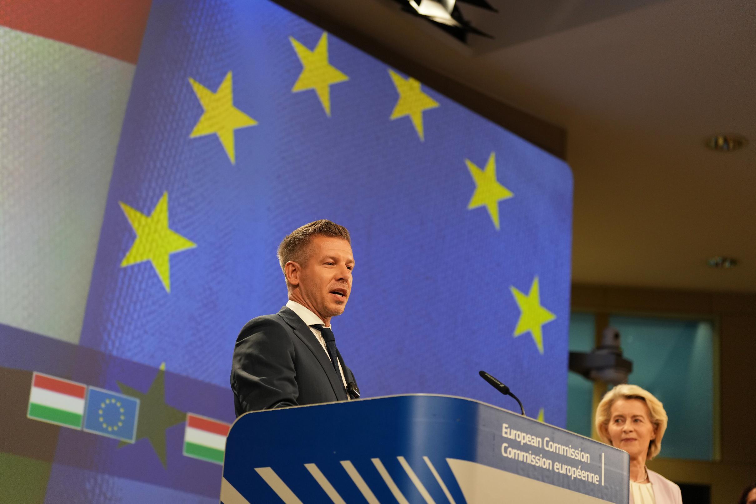 European Commission President Ursula von der Leyen, right, and Hungary's Prime Minister Peter Magyar address the media at EU headquarters in Brussels, Friday, May 29, 2026. (AP Photo/Virginia Mayo)